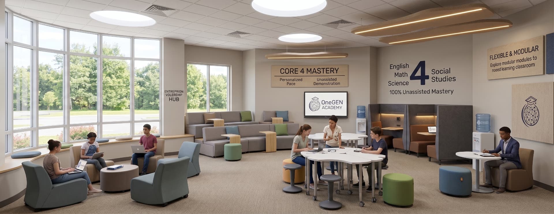 Concept rendering of a flexible OneGEN Academy classroom with varied seating and learning zones