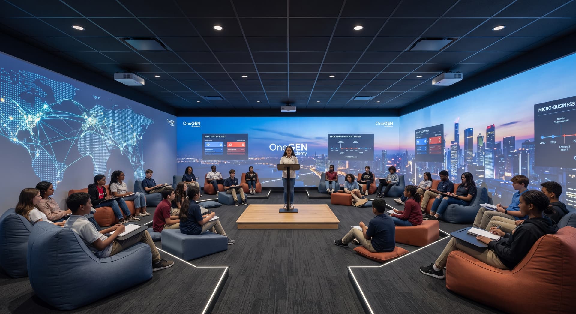 Concept rendering of an immersive OneGEN Academy multipurpose room with students gathered around a presenter
