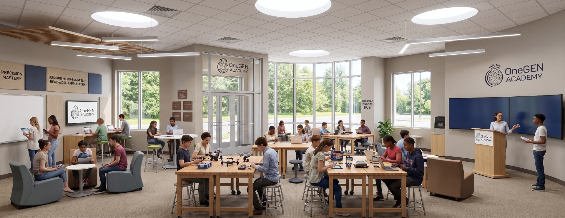 Concept rendering of the OneGEN Academy innovation lab with students collaborating at worktables